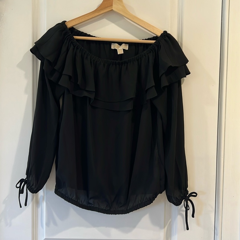 Michael Kors Ruffled Off the Shoulder Peasant Top, XS, black